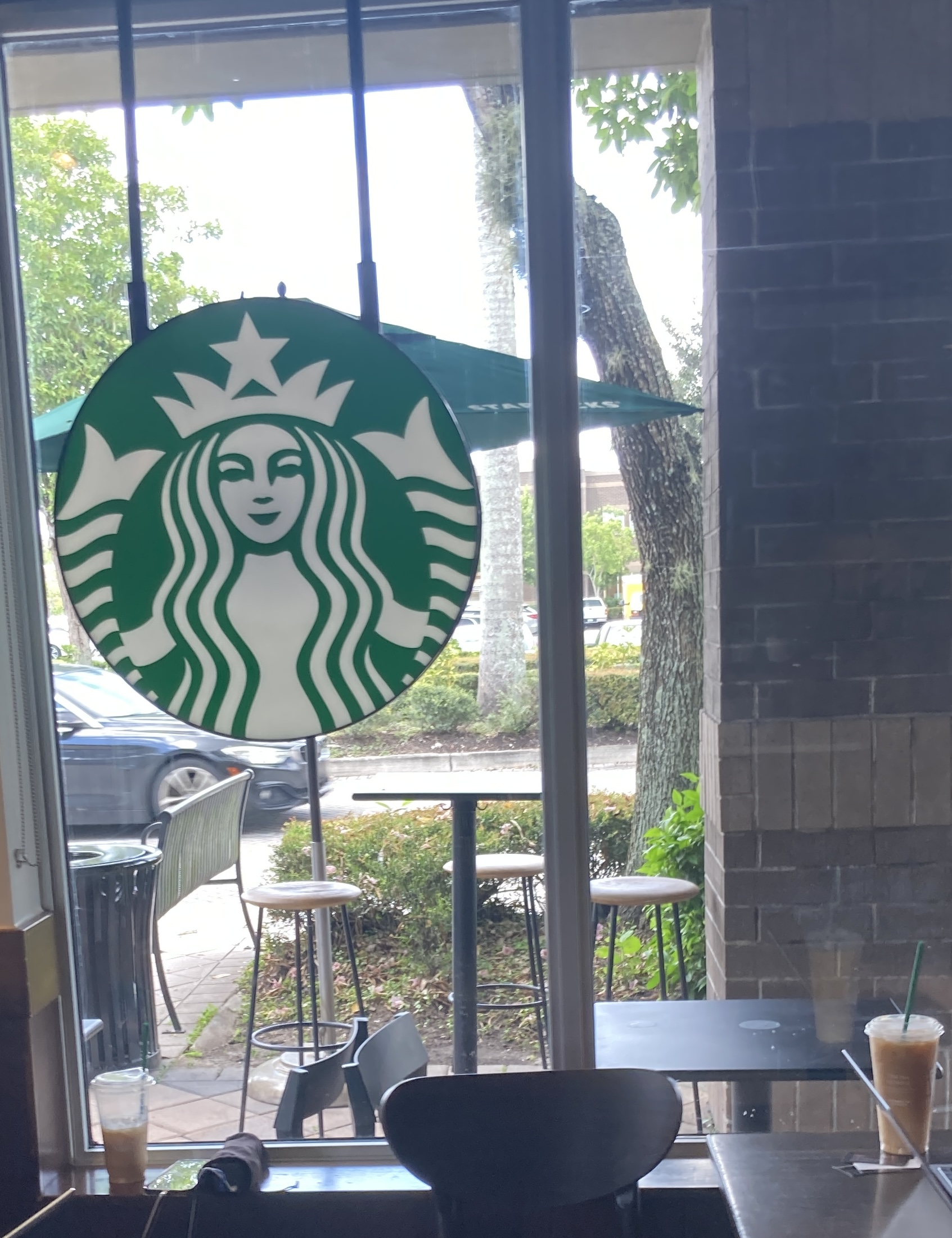 View from inside a cafe showing a large green Starbucks sign outside through a glass door/window; outdoor seating visible.