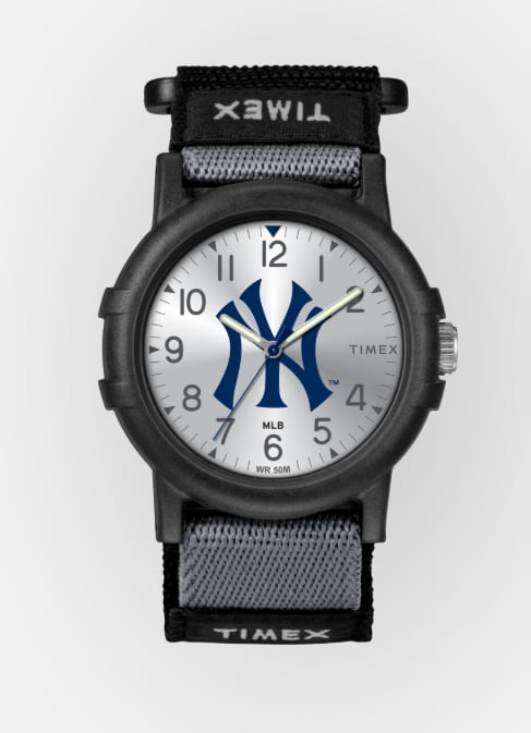 Timex wristwatch with a gray dial featuring a blue New York Yankees logo, black case, and gray fabric strap with Timex branding.