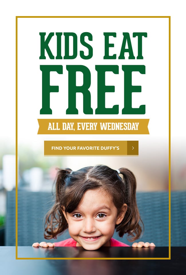 Promotional banner: 'KIDS EAT FREE' all day every Wednesday, with a smiling girl at a table behind a gold frame.