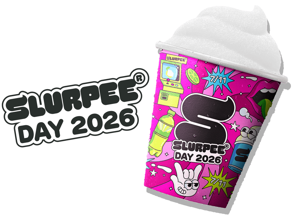 Bright pink Slurpee cup with white foam on top, displaying 'SLURPEE DAY 2026' and fun 7/11-style graphics.
