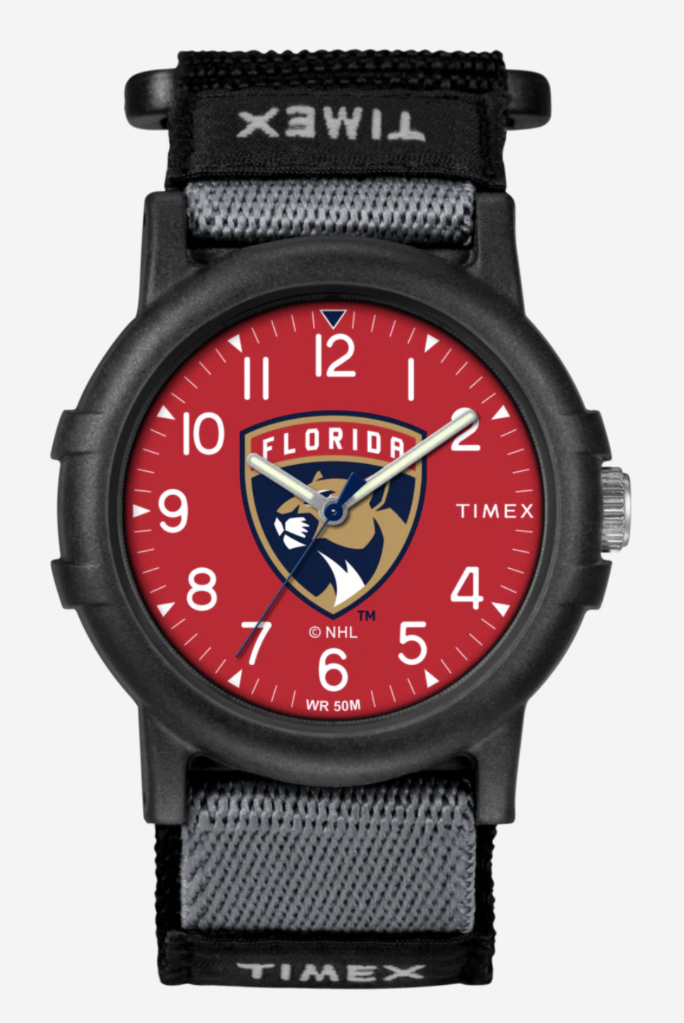 Timex wristwatch with a red dial featuring the Florida Panthers NHL logo, black case, and gray fabric strap.