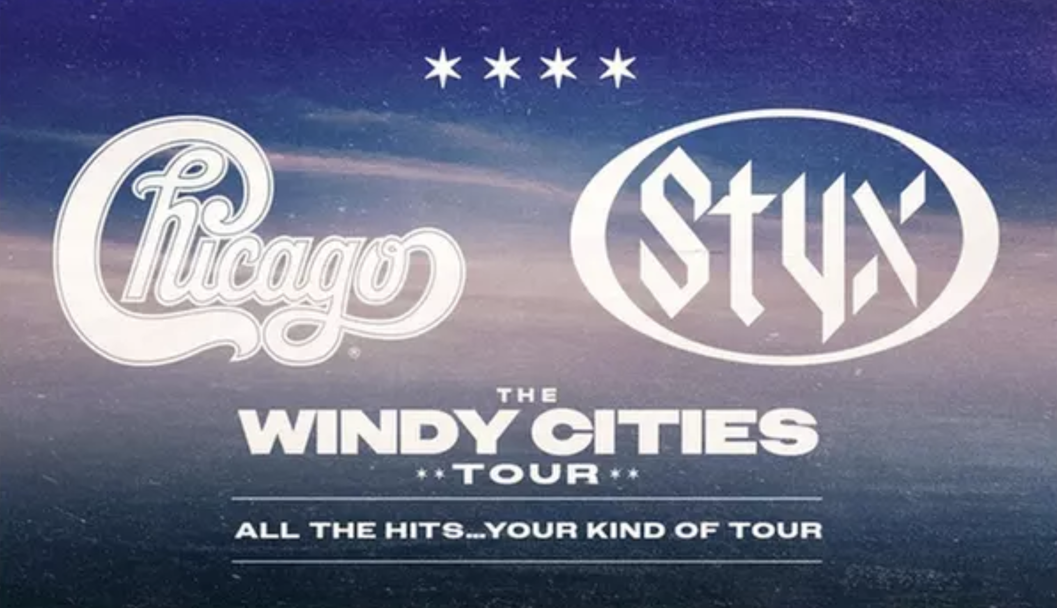 Promotional poster for a music tour featuring 'Chicago' and 'The Windy Cities Tour' with decorative logos and bold white text