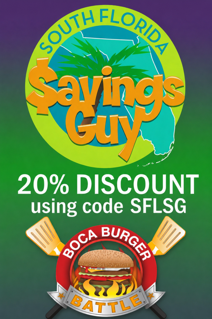 Bright poster promoting 20% off with code SFLSG, featuring the 'Savings Guy' logo with a palm and Florida map motif in tropical colors.