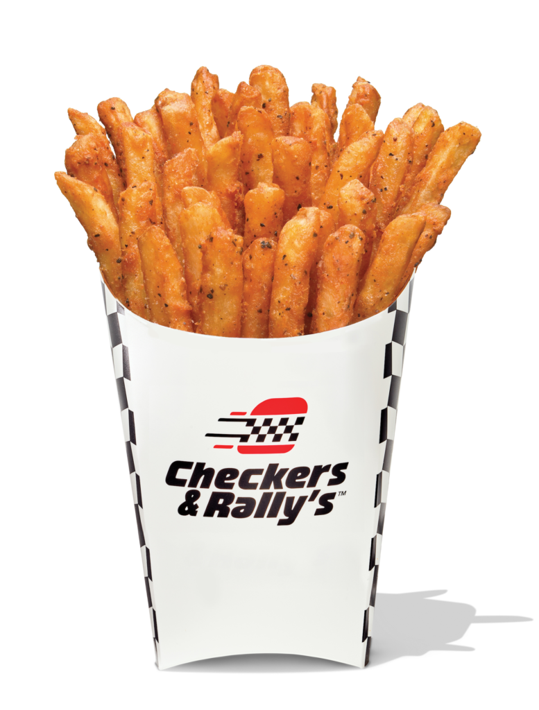 Cup of seasoned french fries in a Checkers & Rallyโs container with a black-and-white checkered design