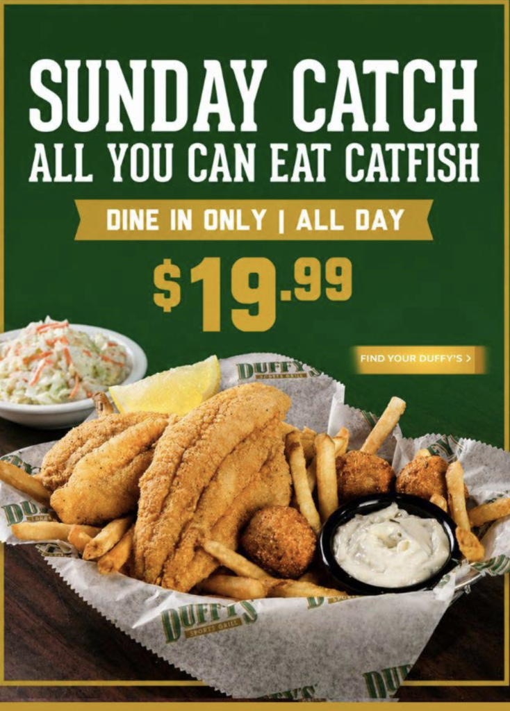 Promotional ad for Sunday Catch all-you-can-eat catfish, dine-in only, $19.99, on a green background with fried fish basket and sauce.