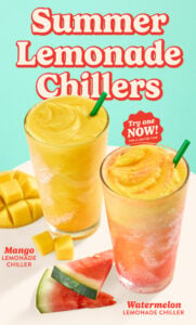 Promo poster for Summer Lemonade Chillers showing mango and watermelon lemonade drinks with fruit slices beside.