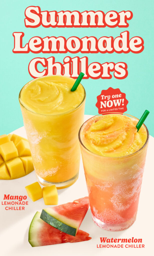 Promo poster for Summer Lemonade Chillers showing mango and watermelon lemonade drinks with fruit slices beside.
