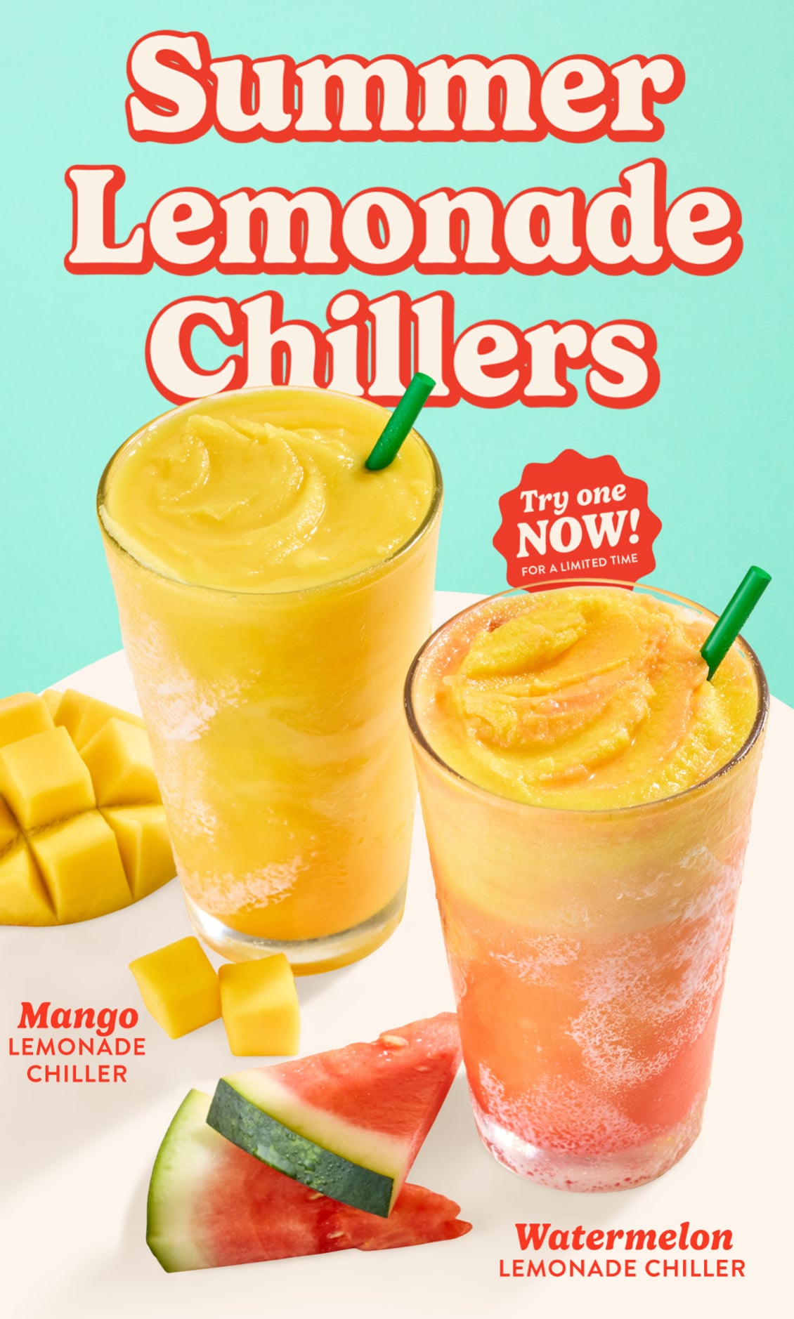 Promo poster for Summer Lemonade Chillers showing mango and watermelon lemonade drinks with fruit slices beside.