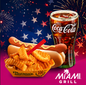 Nathan's hot dog with crinkle-cut fries and a glass of Coca-Cola, set against a fireworks-filled background with the Miami Grill logo.