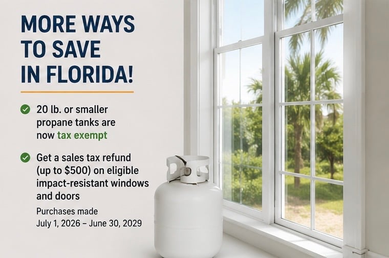 Poster titled 'More Ways to Save in Florida!' listing: '20 lb. or smaller propane tanks are now tax exempt' and 'Get a sales tax refund (up to $500) on eligible impact-resistant windows and doors' Purchases made July 1, 2026 – June 30, 2029; a white propane tank sits on a windowsill beside a bright window showing green palm trees outside.