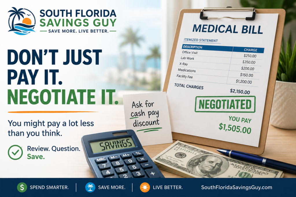 Poster for South Florida Savings Guy promoting negotiating medical bills: large text 'DON'T JUST PAY IT. NEGOTIATE IT.' with a clipboard showing a 'MEDICAL BILL' itemized total, a cash-dollar bill, calculator, and 'Ask for cash pay discount' note; tagline 'Review. Question. Save.' at bottom.
