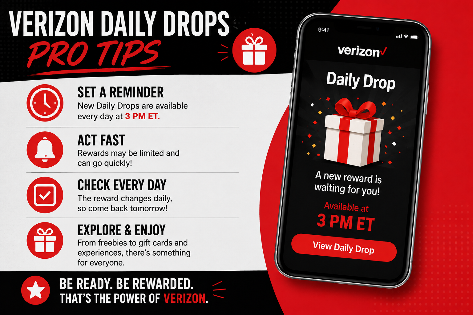 Infographic titled Verizon Daily Drops Pro Tips, listing four steps: Set a Reminder, Act Fast, Check Every Day, Explore & Enjoy, with a phone displaying the Daily Drop promo.