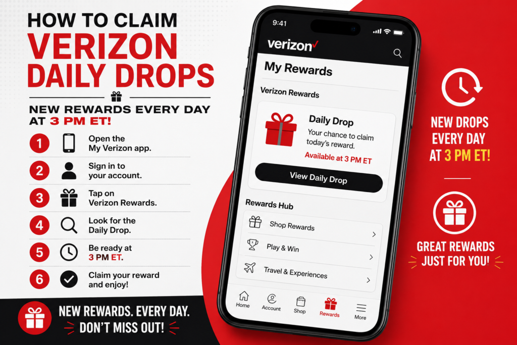 Verizon rewards promo: left column lists 6 steps to claim Daily Drop rewards at 3 PM ET; smartphone mockup on right.