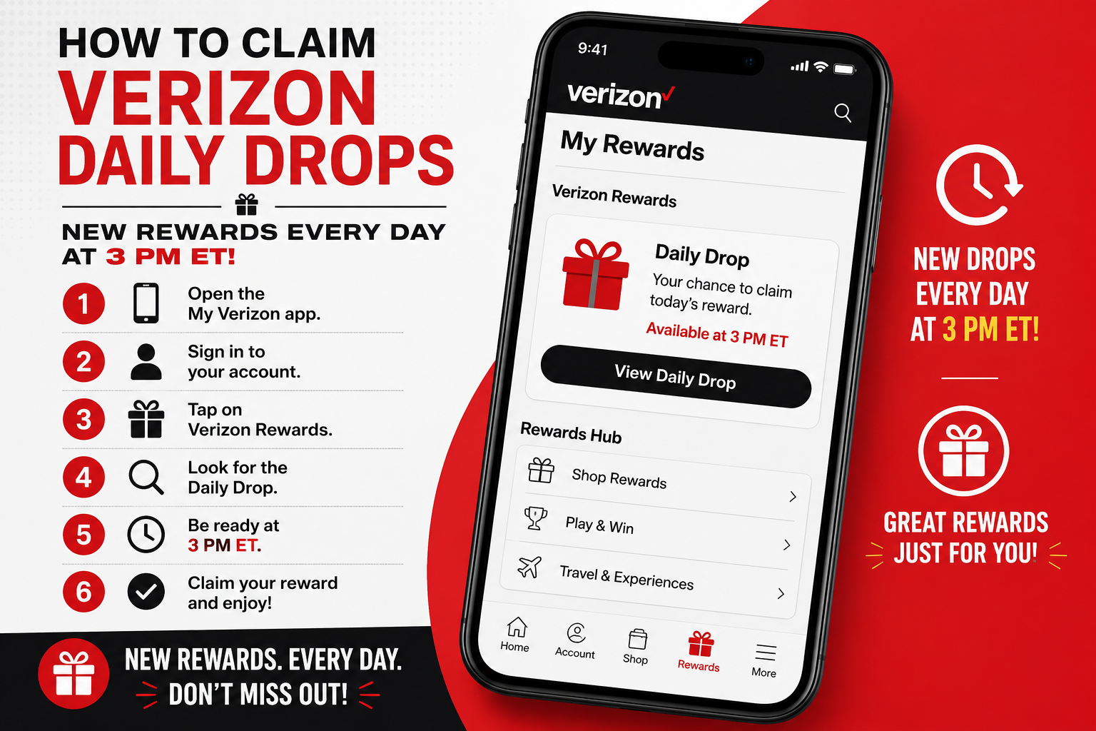 Verizon rewards promo: left column lists 6 steps to claim Daily Drop rewards at 3 PM ET; smartphone mockup on right.