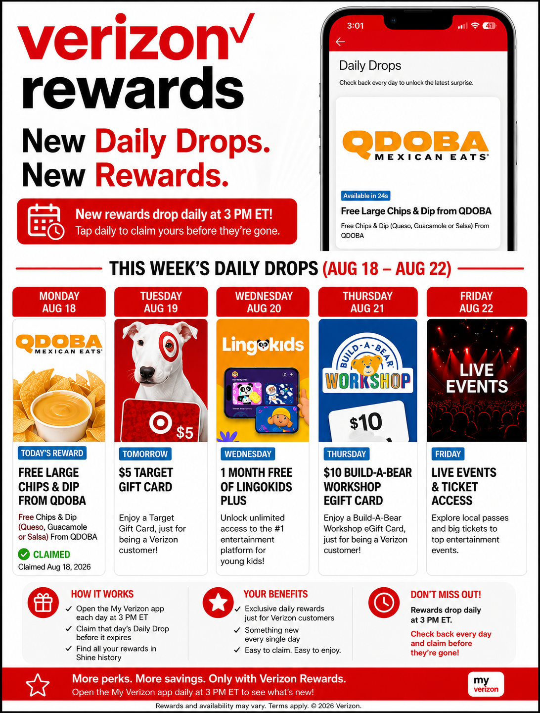 Verizon Rewards banner announcing New Daily Drops and New Rewards with a daily drop at 3 PM ET.