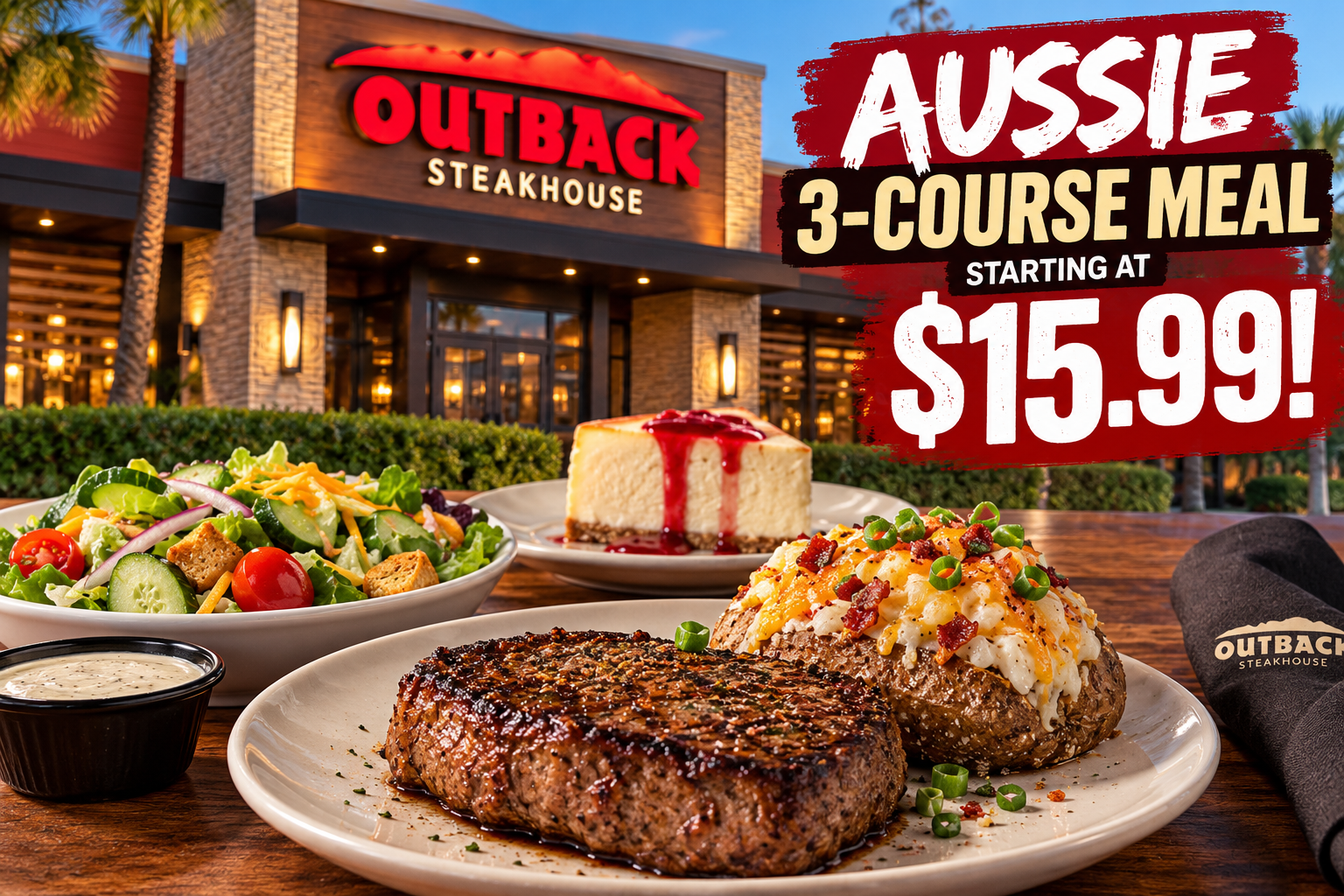 Illustrative graphic of Outback Steakhouse Aussie 3-Course Meal starting at $15.99