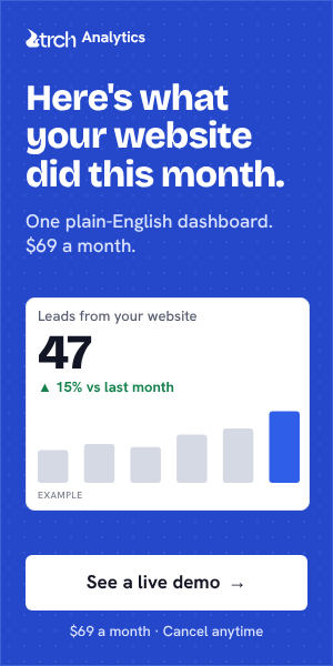 TRCH Analytics: Here is what your website did this month. One plain-English dashboard, $69 a month. See a live demo.